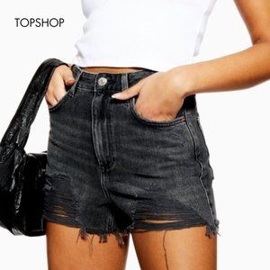 Topshop High Waisted Ripped Distressed Raw Hem Mom Jean shorts in Black wash